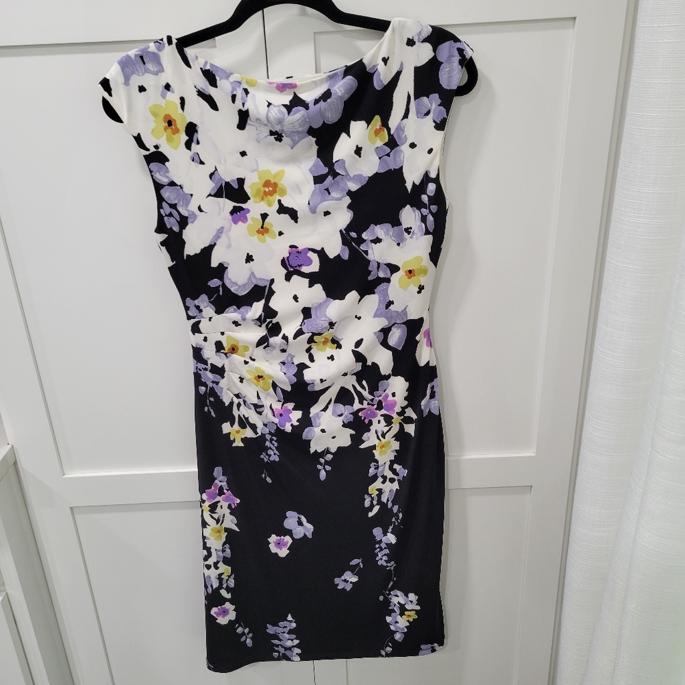 Lauren Ralph Lauren Sleeveless Black Floral Boatneck Pleated Detail Midi Dress